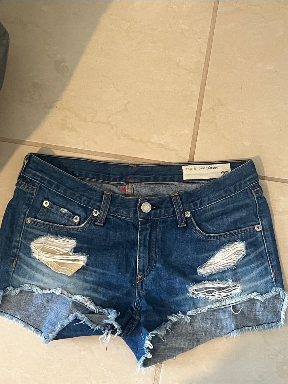 rag & bone Distressed Dark Blue Denim Cutoff Shorts